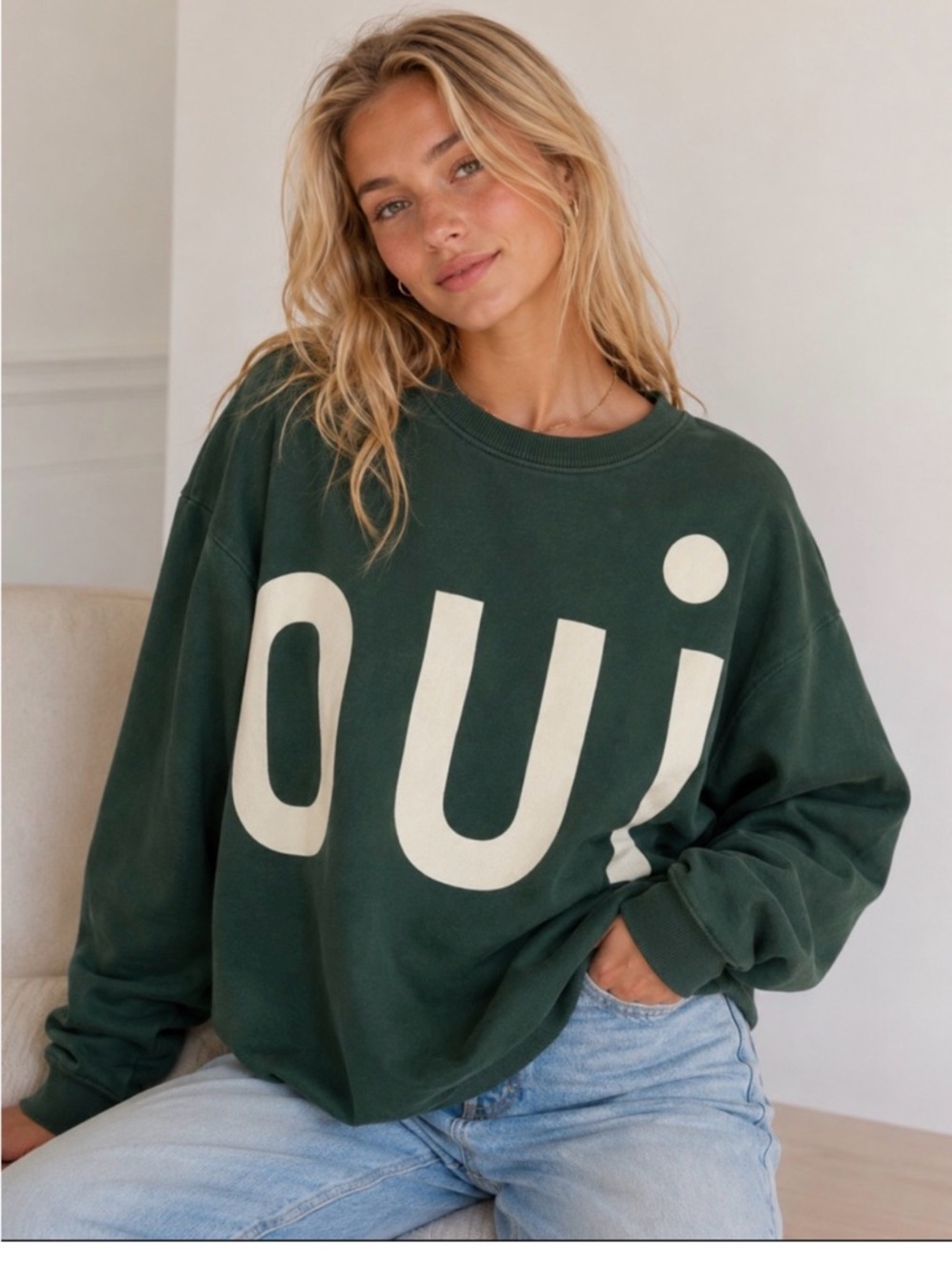 Clare V Dark Green Oversized OUI Sweatshirt Size XS